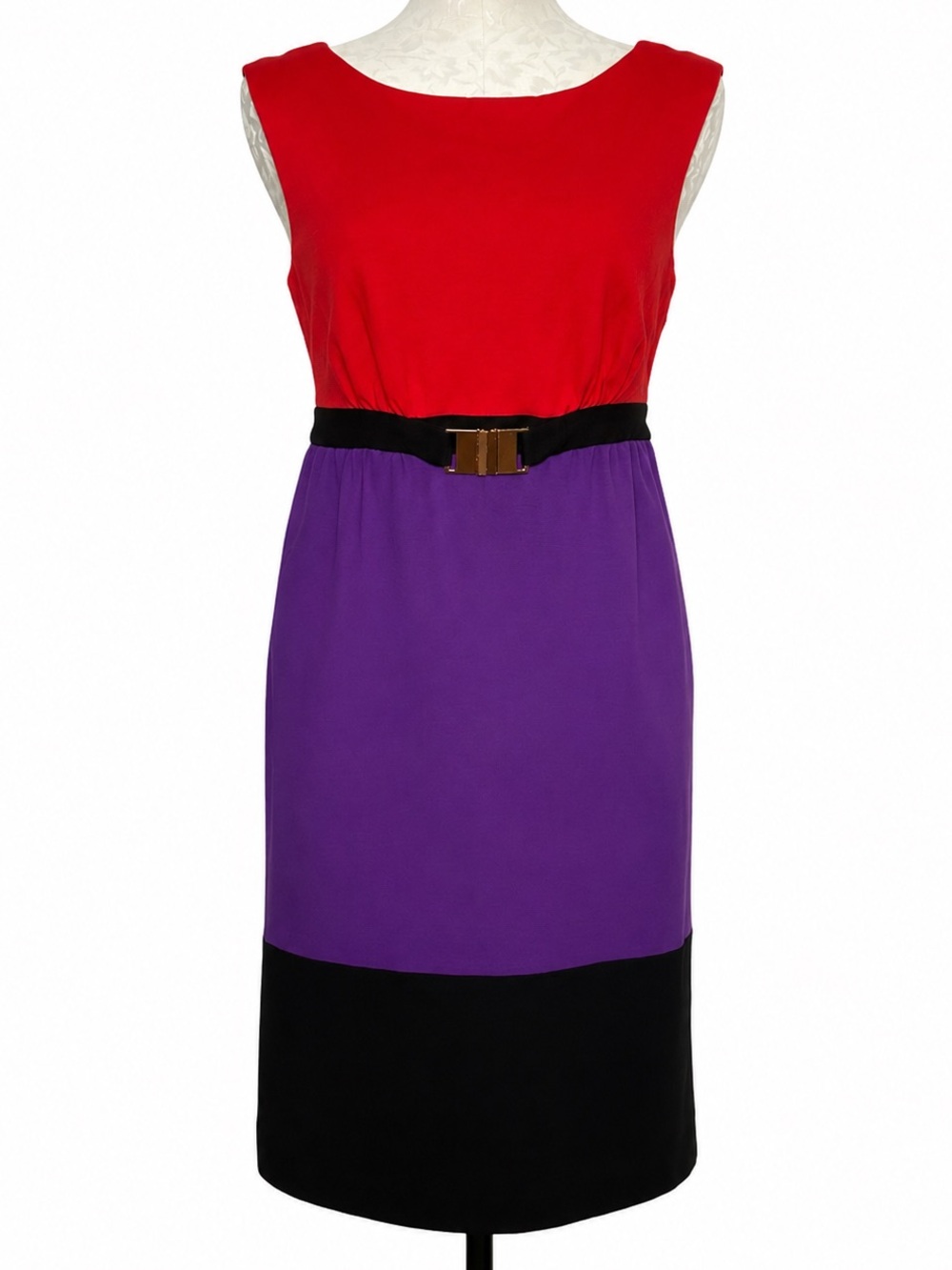 Milly Colorblock Sheath Dress Red Purple Black Gold Logo Buckle Size M